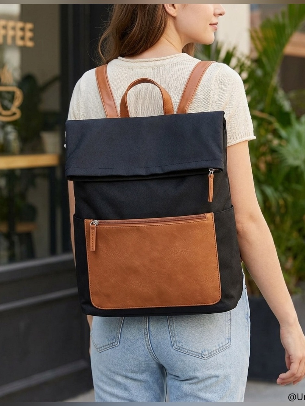 DSW BACKPACK BLACK CANVAS W BROWN VEAGAN LEATHER STRAPS AND OUTER ZIPPER POUCH 🆕